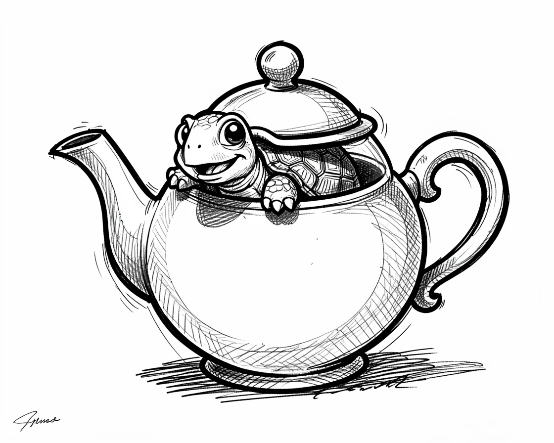 A tiny turtle hiding inside a teapot.