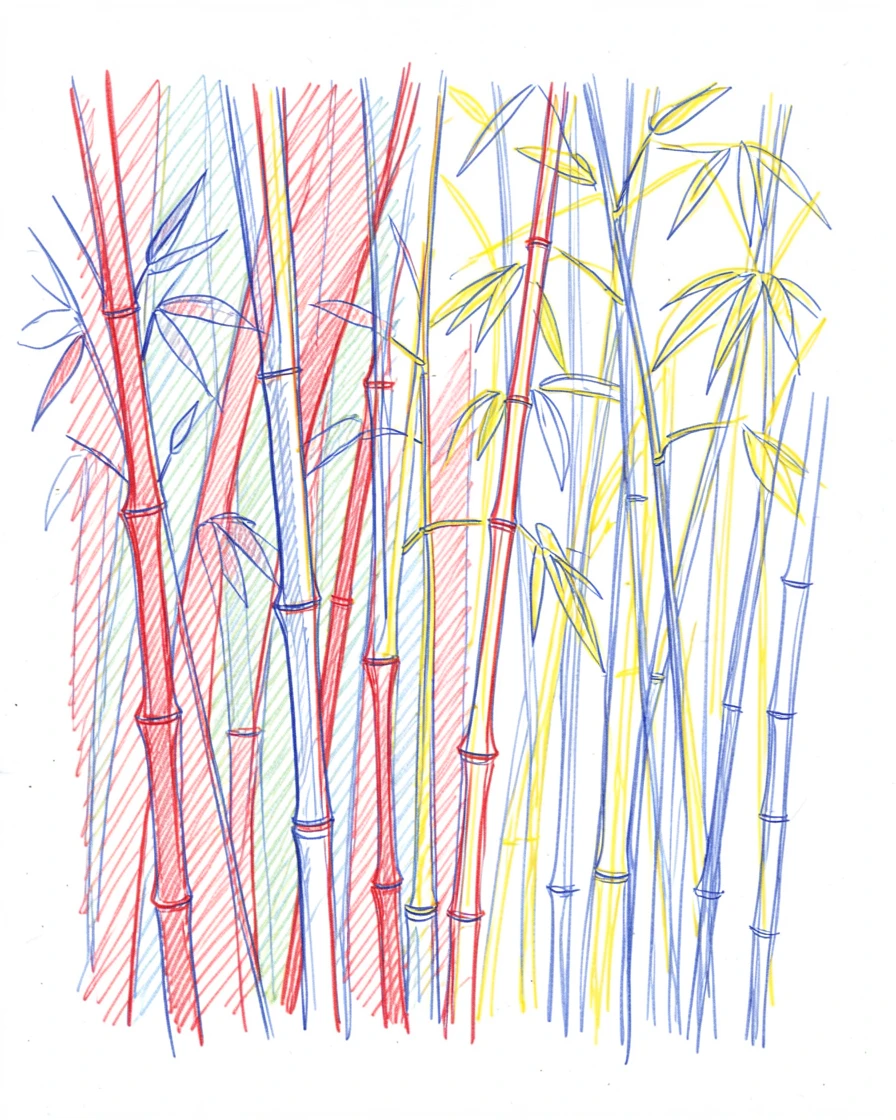 A dense bamboo forest with narrow shafts of light between tall green stalks