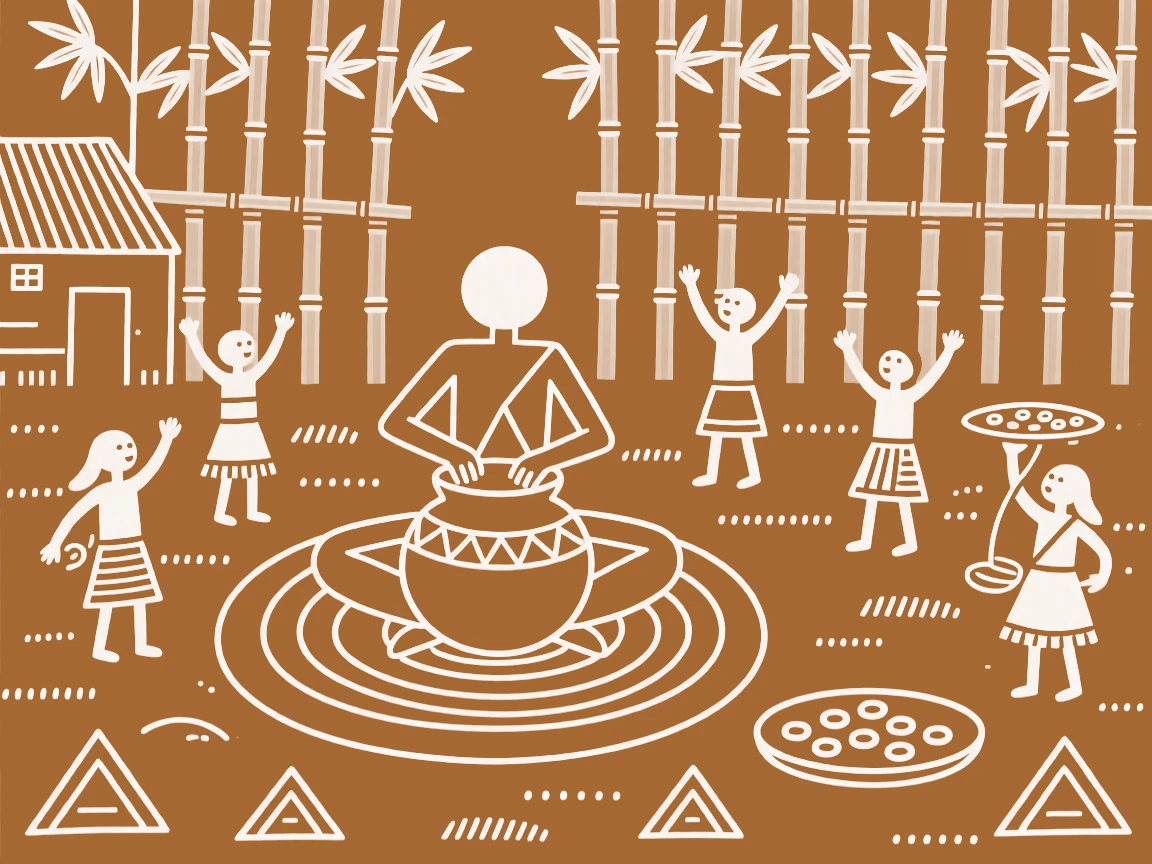 A potter at his wheel preparing for a community feast in a bamboo grove at the village boundary.