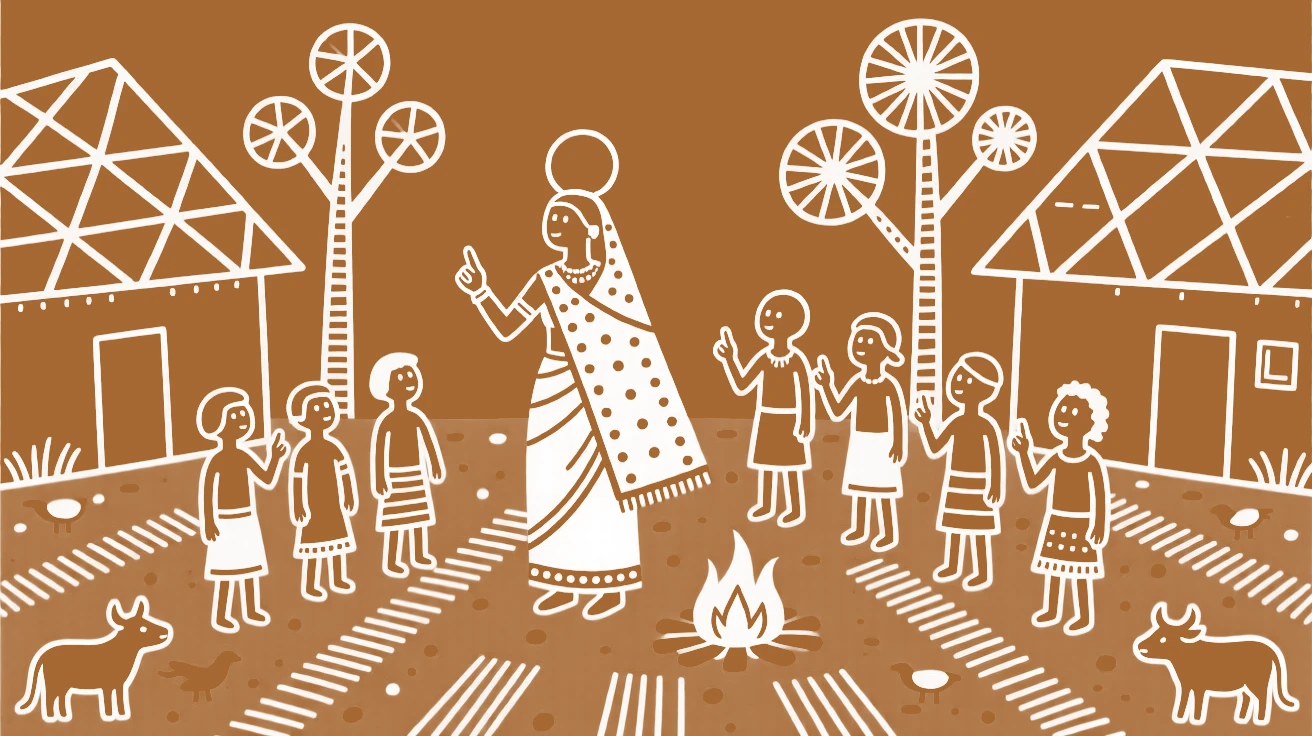 A young bride teaching younger villagers an old custom in the village courtyard.