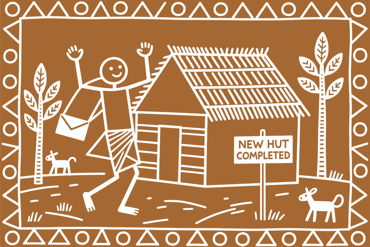 A barefoot postman celebrating the completion of a new hut near a thatched-roof granary.