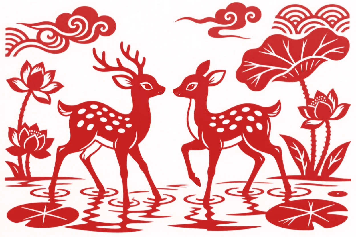 A spotted deer fawn, wading through shallow lotus water, paired with a second companion nearby, echoing its every move.