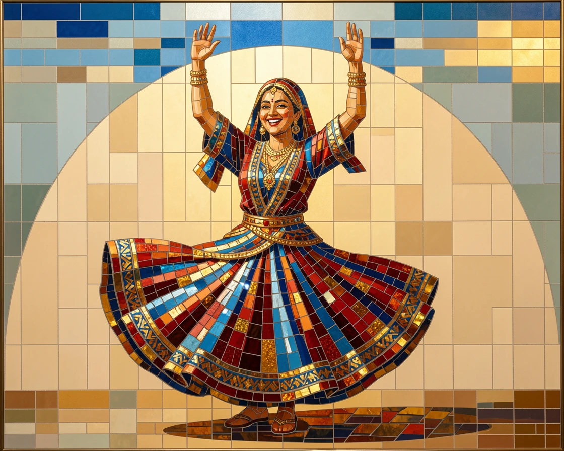 A candid, joyful moment of a traditional dancer in vibrant cultural dress mid-performance, captured with warm golden light.