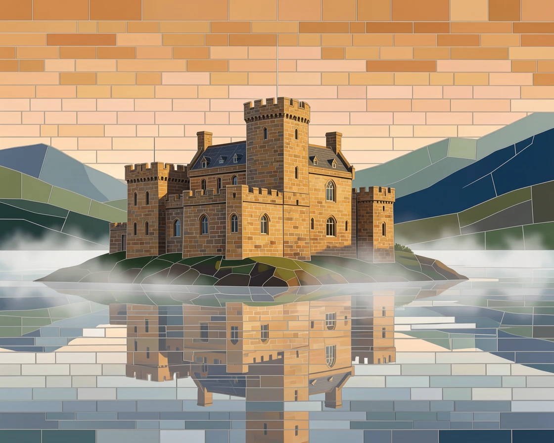 A breathtaking wide-angle view of an ancient stone castle perched on a misty Scottish loch, with rich warm lighting and fine architectural detail.