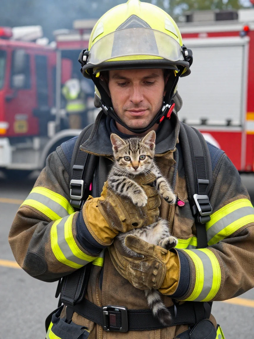 A firefighter carrying a rescued kitten