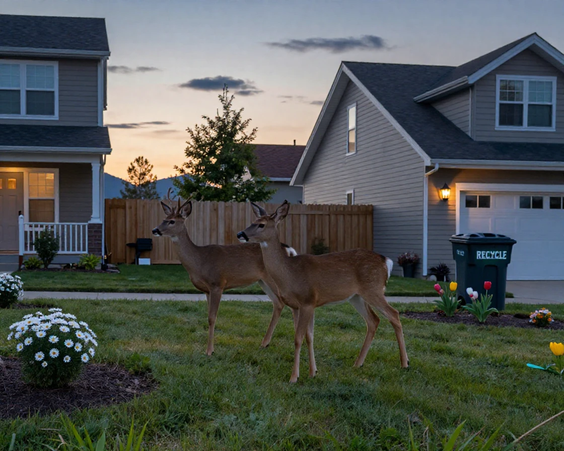A pair of deer wander through a suburban backyard at dawn, unafraid of the quiet houses.