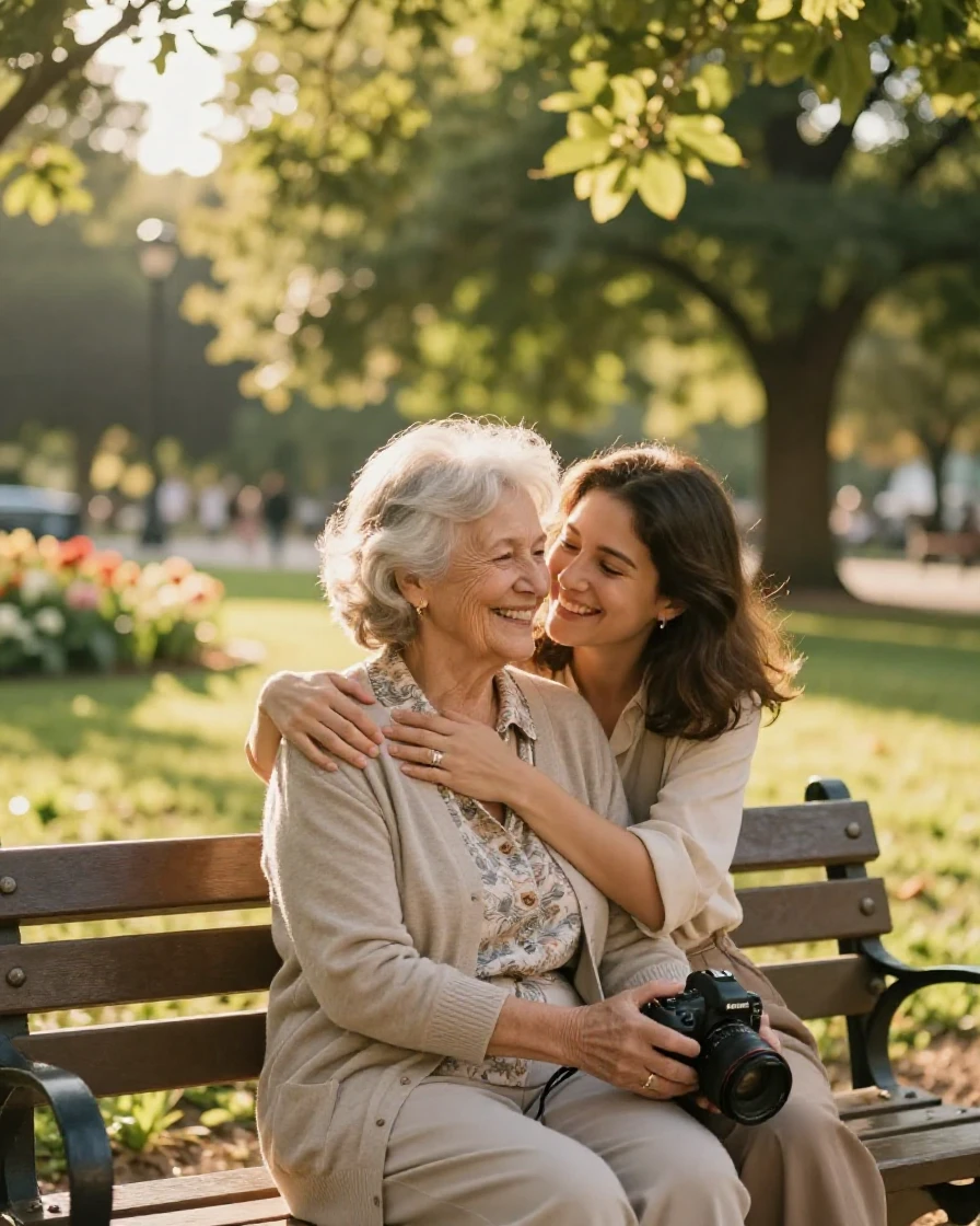 A proud grandmother receiving an unexpected hug on a sunlit park bench