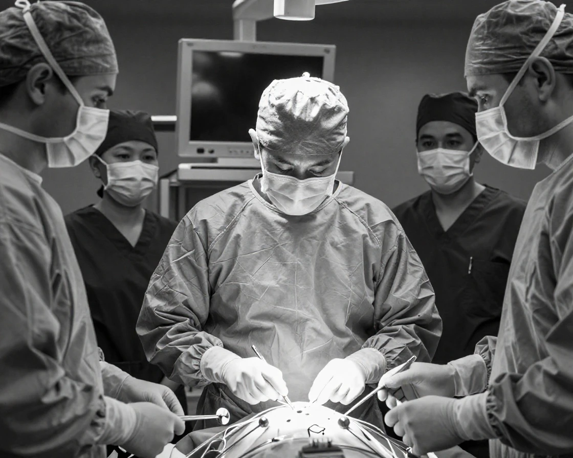 A surgeon performs a delicate operation surrounded by a focused medical team.