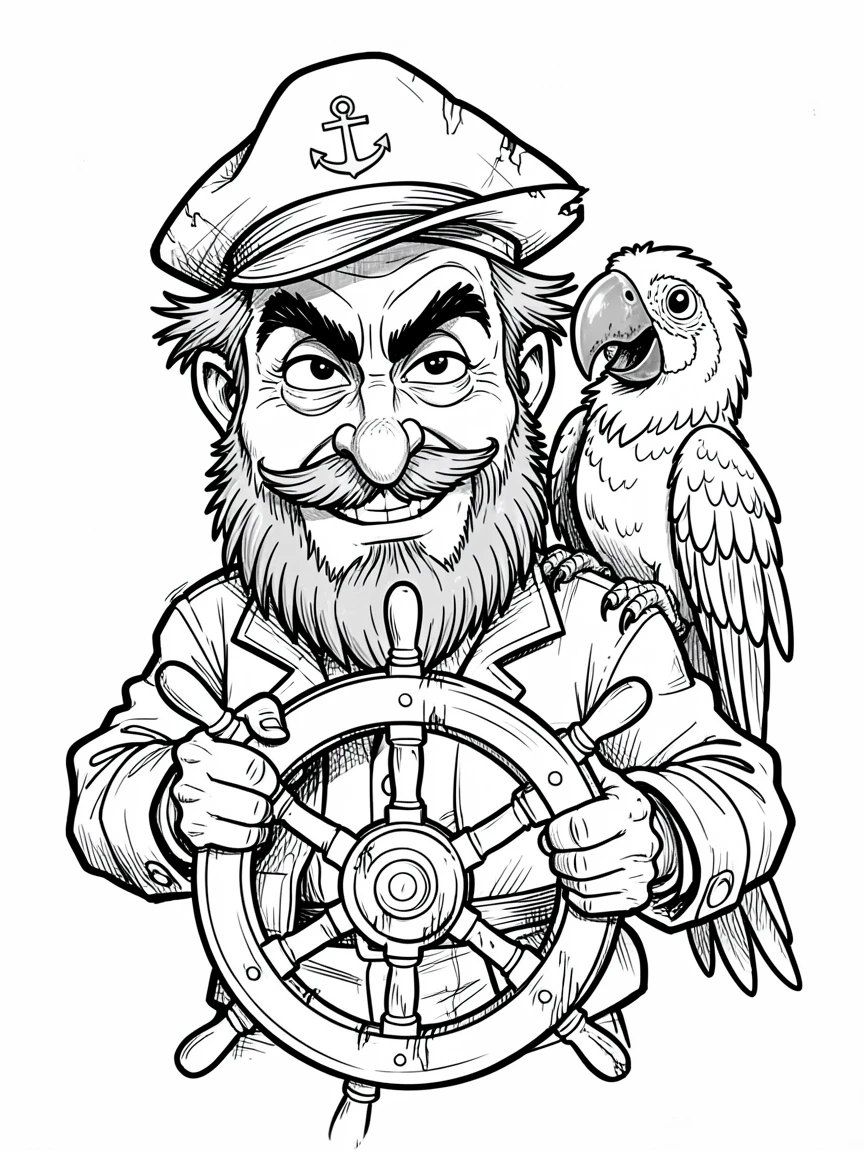 [People Portraits & Characters] Portrait of a grizzled sea captain gripping a ship's wheel with a parrot on his shoulder, full of personality and charm