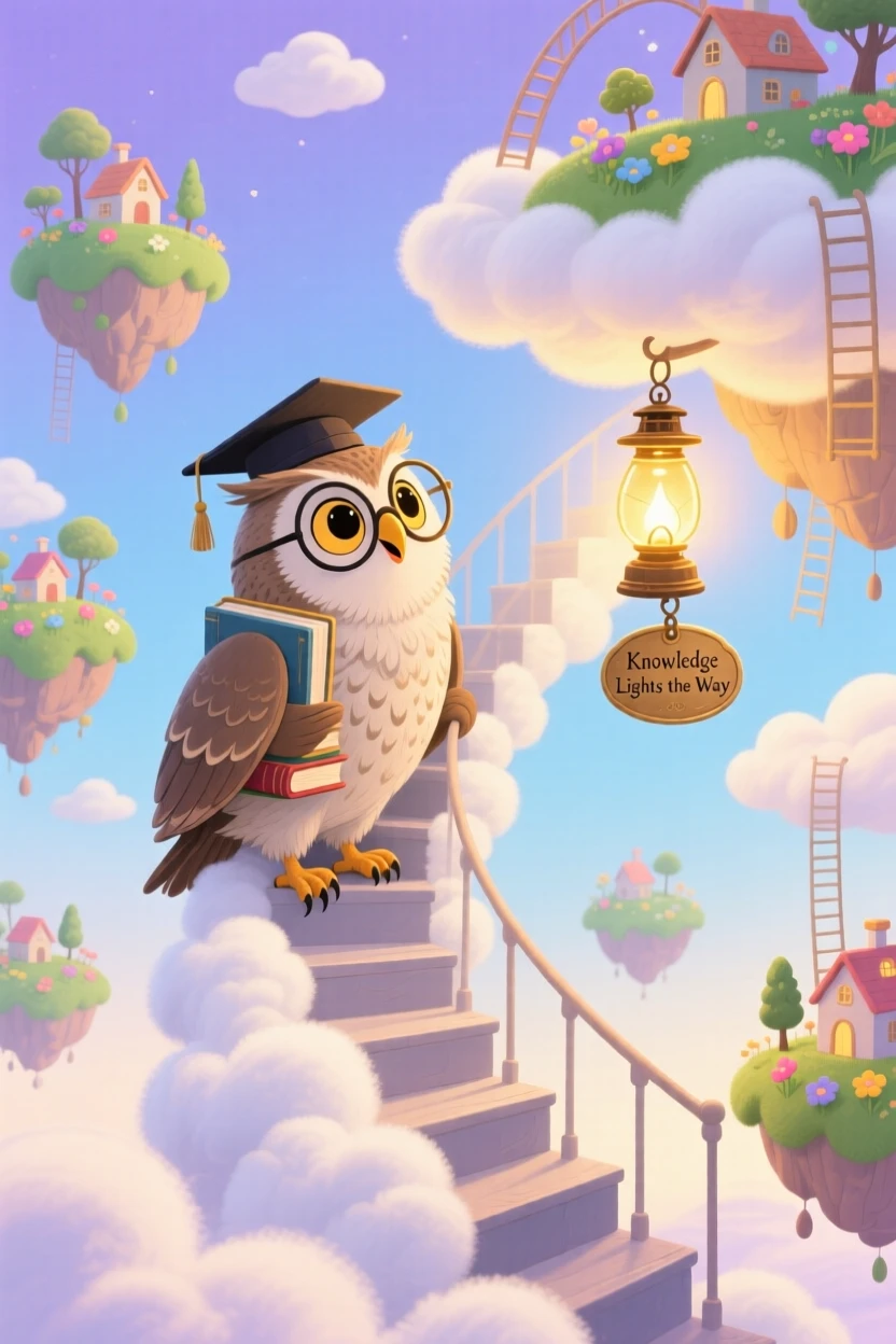 A talking owl scholar pauses from climbing a staircase made of clouds to marvel at a sky full of drifting islands, while soft golden light spills from an old lantern.