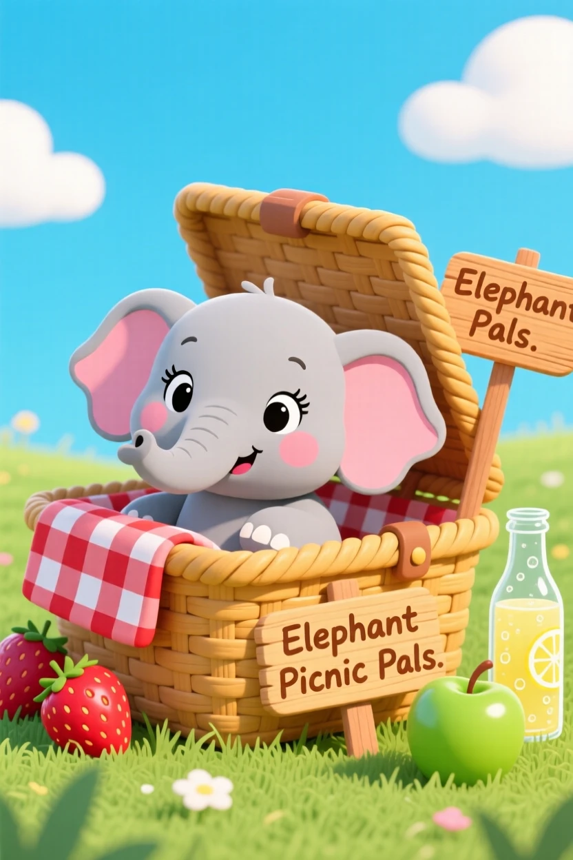 A baby elephant peeking out of a picnic basket.