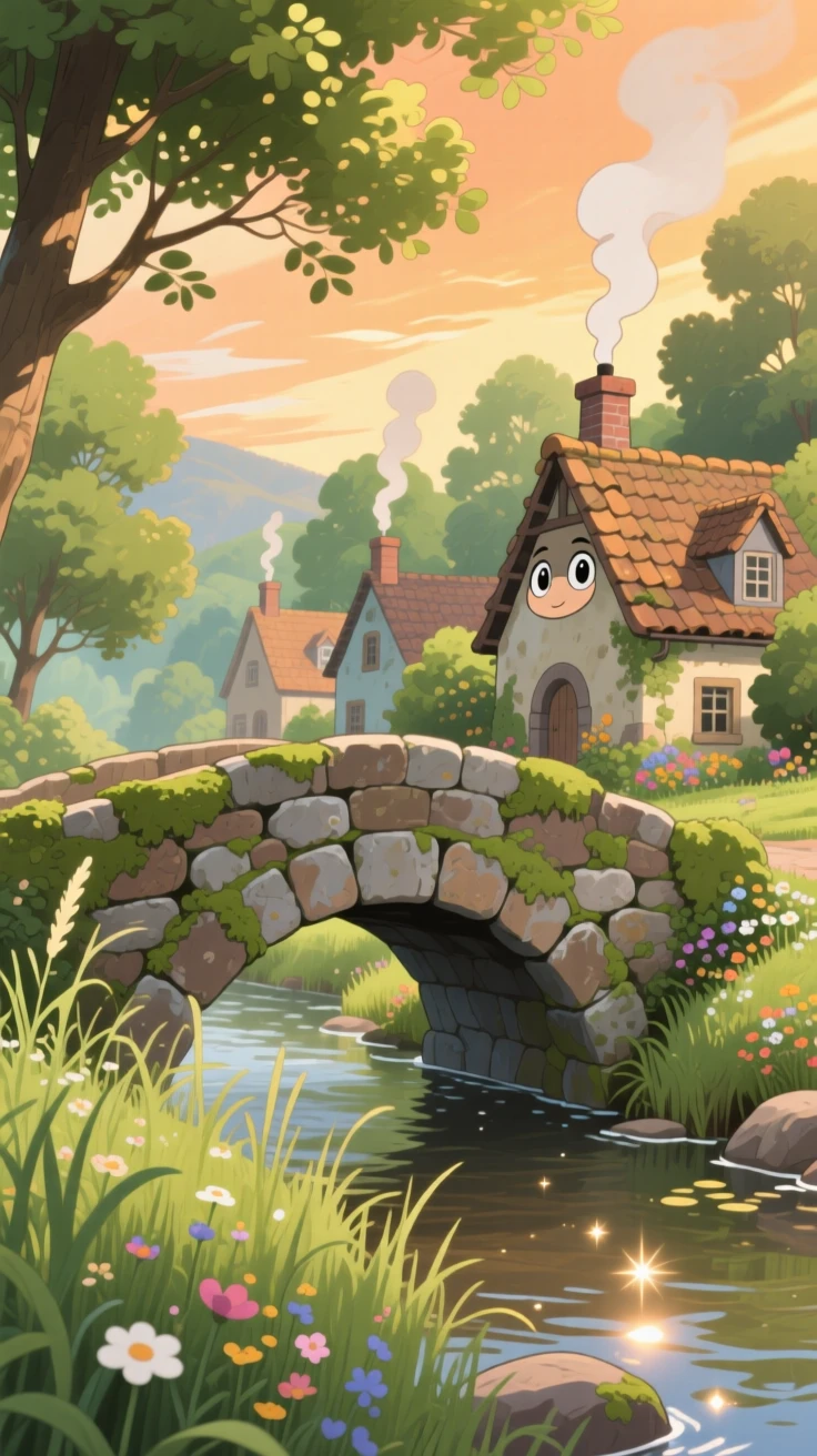 A stone bridge crossing a slow-moving village stream, with smoke curling gently from chimney tops, under a warm afternoon sun.
