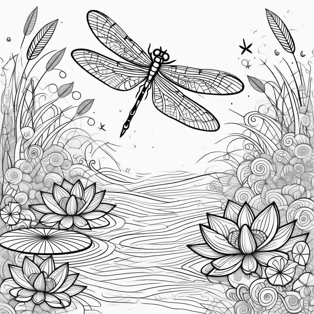 A pond filled with water lilies and lotus flowers, a dragonfly hovering above.