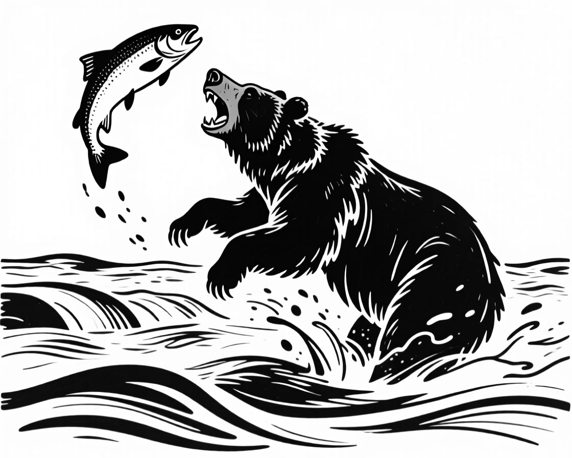 A grizzly bear catching a leaping salmon mid-air in a rushing river.