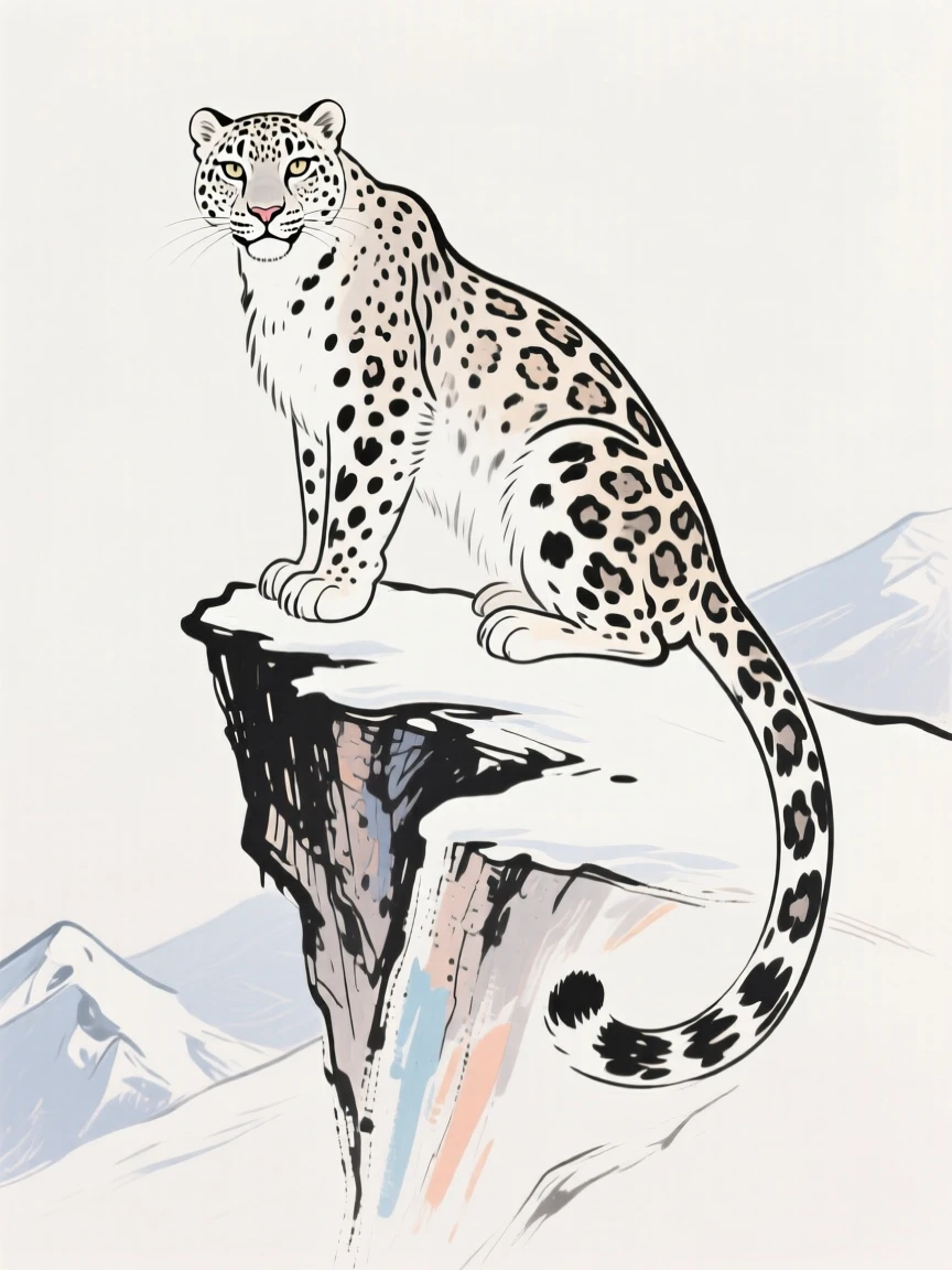 A snow leopard perched on a cliff edge in the snowy mountains.