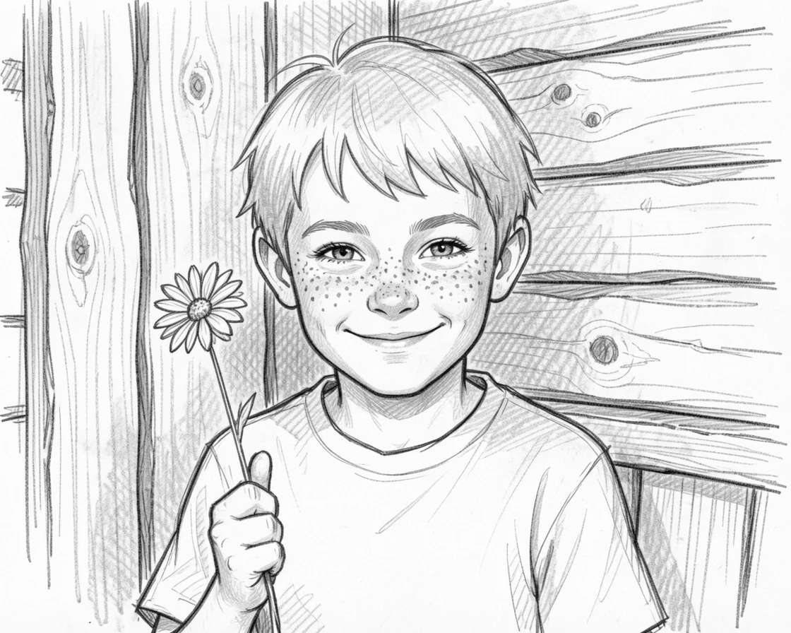 A tender portrait of a mischievous freckled boy, holding a single wildflower, inside an old wooden cabin.