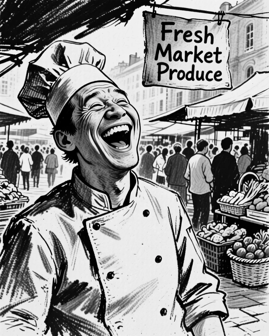 A chef caught mid-laugh at a shared joke, in a bustling market square.