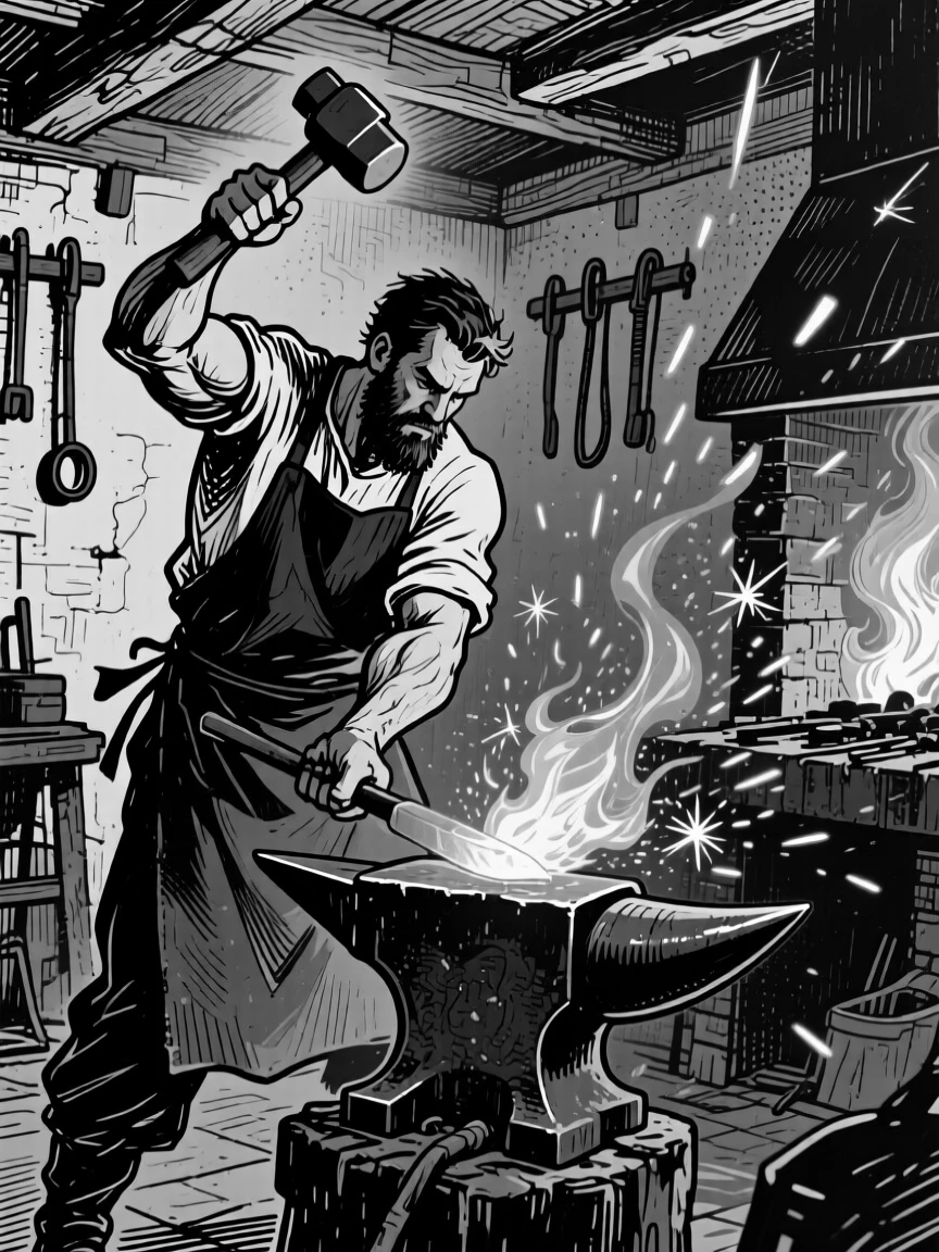 A blacksmith hammering glowing metal at a forge, sparks flying upward in the dim workshop.