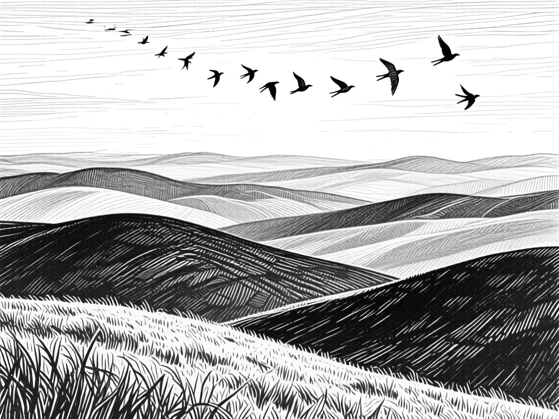 A chain of rolling hills with layers of hills fading into the distance, with birds circling lazily overhead, evoking a serene and contemplative atmosphere in a wide, balanced composition.