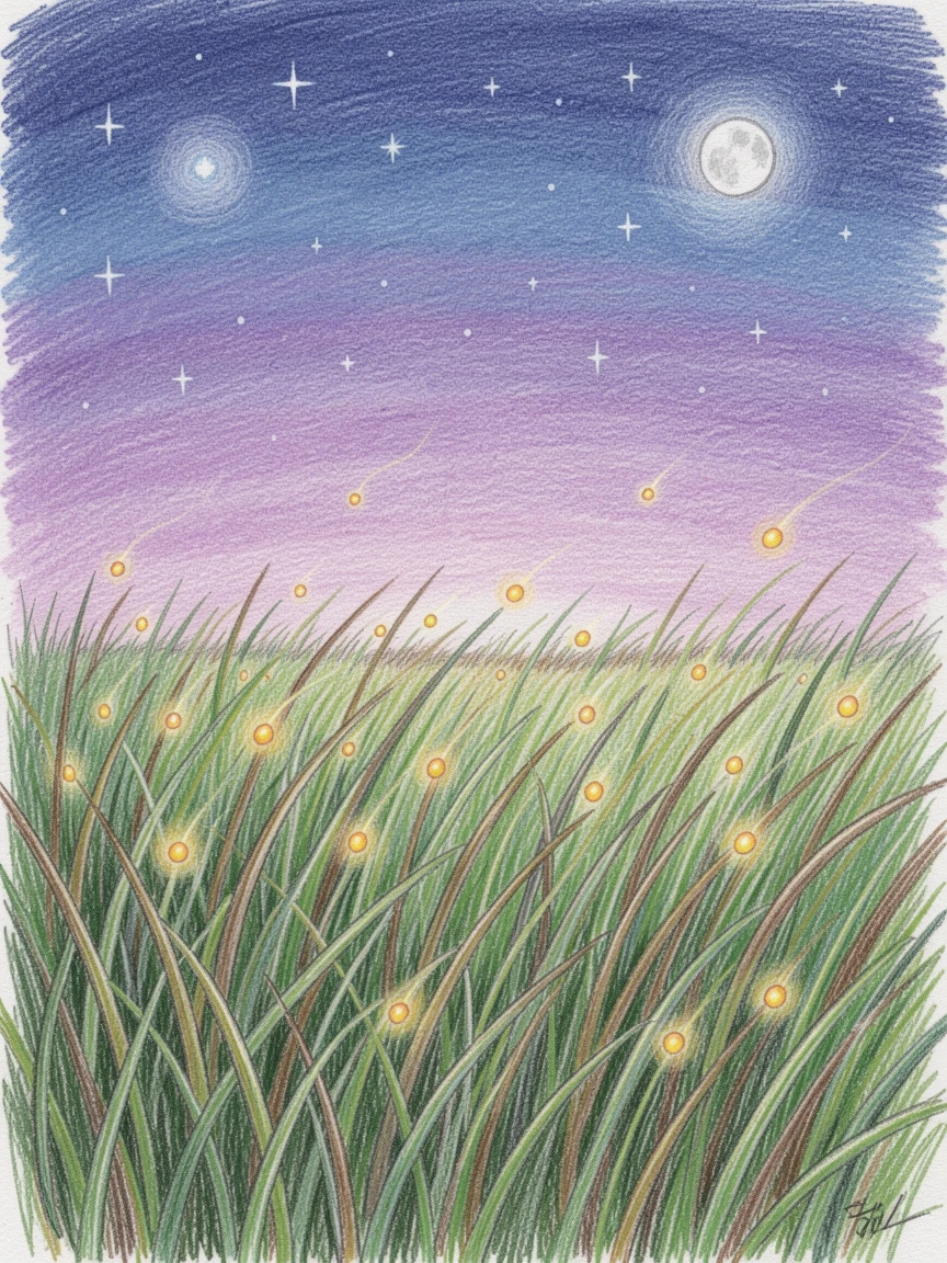 A moonlit meadow scattered with fireflies drifting above the grass, beneath a sky scattered with early evening stars, celebrating the quiet majesty of the natural world.