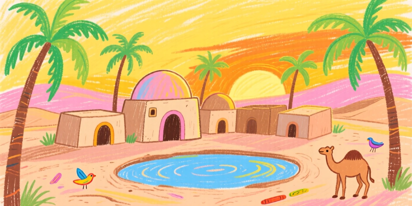 A view of a desert oasis town wrapped in golden light at sunset.
