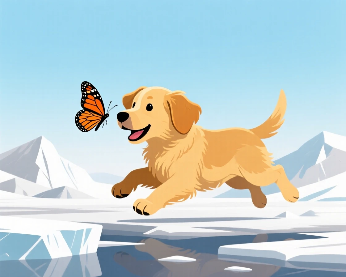 A golden retriever puppy chasing a butterfly, surrounded by icy glaciers and pale blue sky, centered in the frame with gentle negative space around it, with vivid, richly saturated colors that pop.