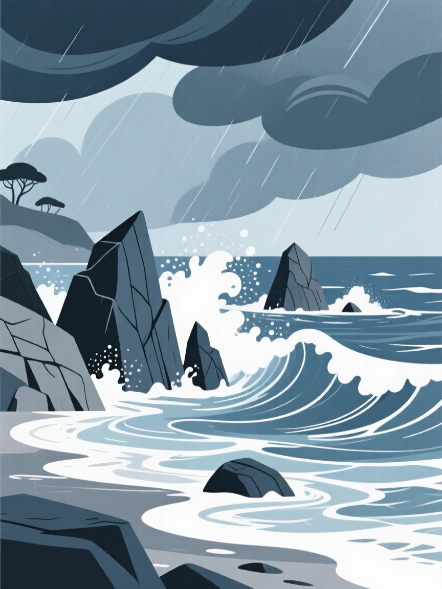 A dramatic storm scene over a rugged coastline with waves crashing against the rocks.