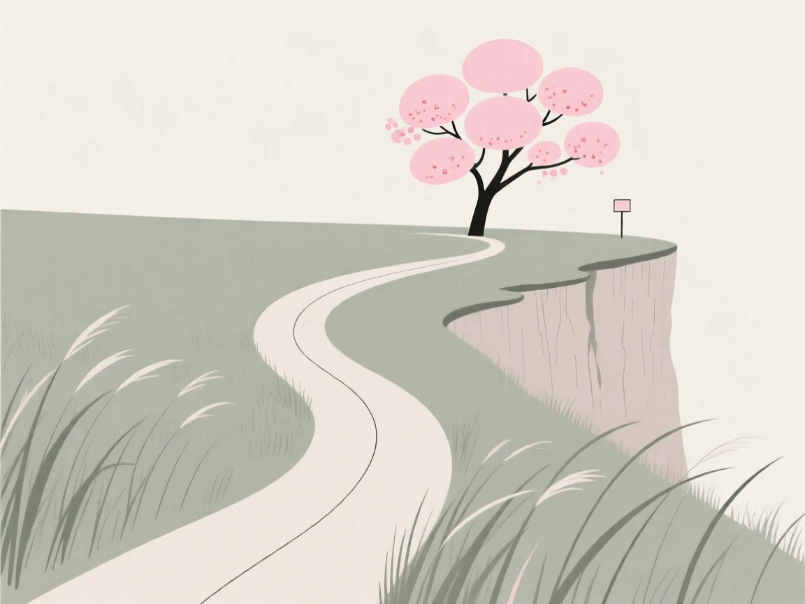 A winding path through a windswept clifftop leading toward a cherry blossom tree, with tall grass bending in the wind scattered along the way, radiating serene isolation.