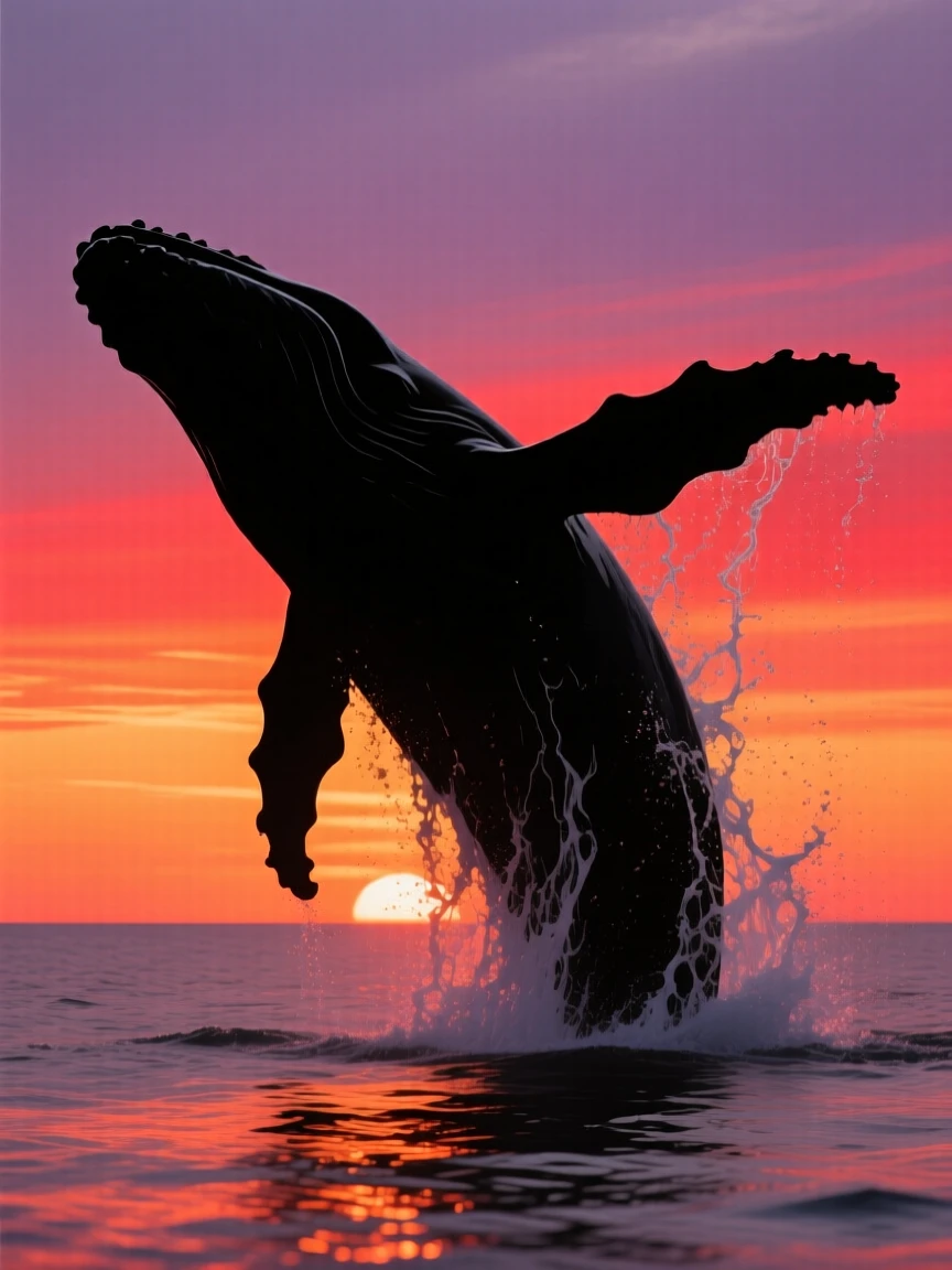 A humpback whale breaching fully out of the ocean, water cascading off its massive body against a wide horizon.
