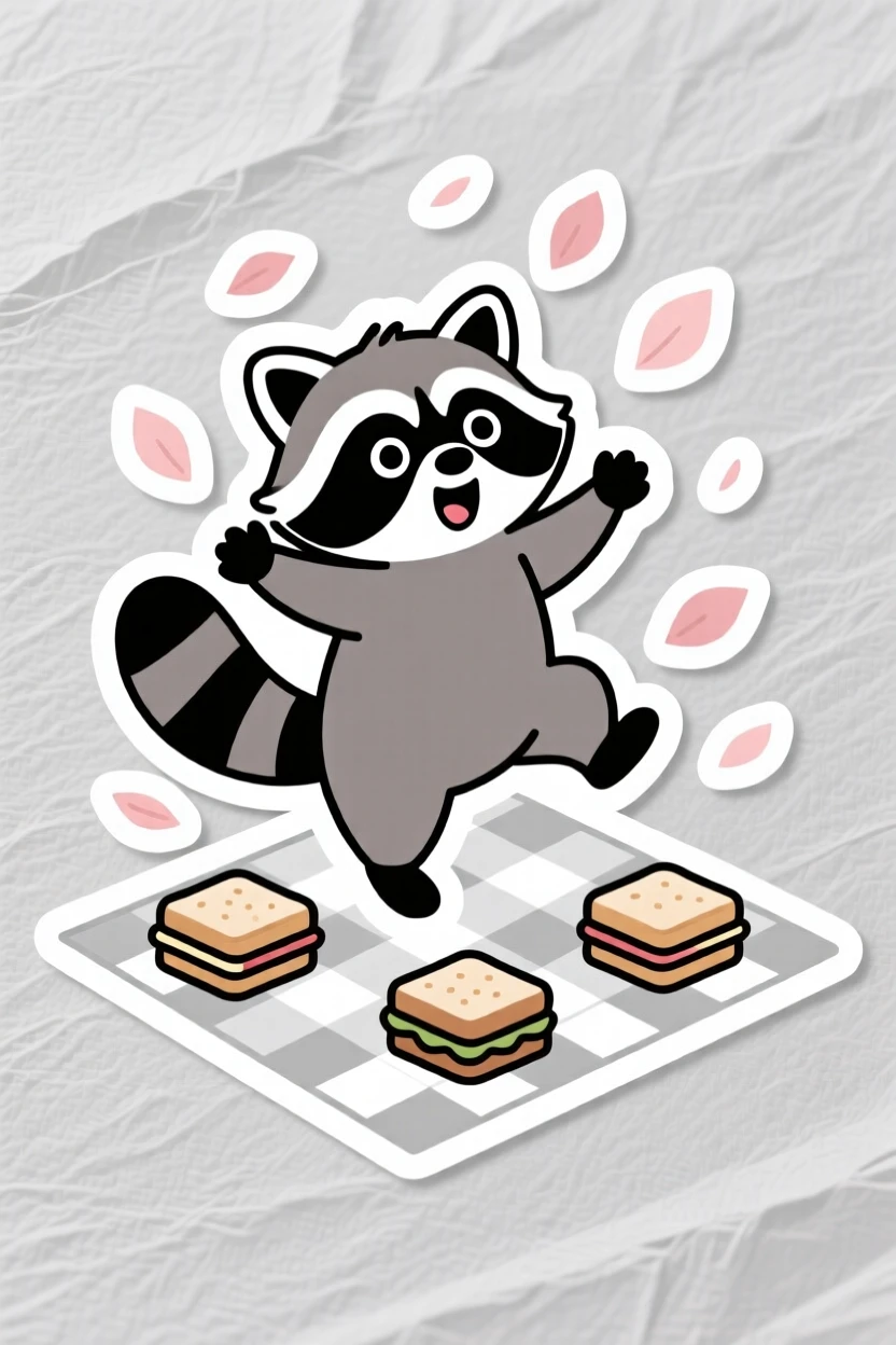 A wonder-struck baby raccoon dancing under falling petals, on a picnic blanket with tiny sandwiches nearby.