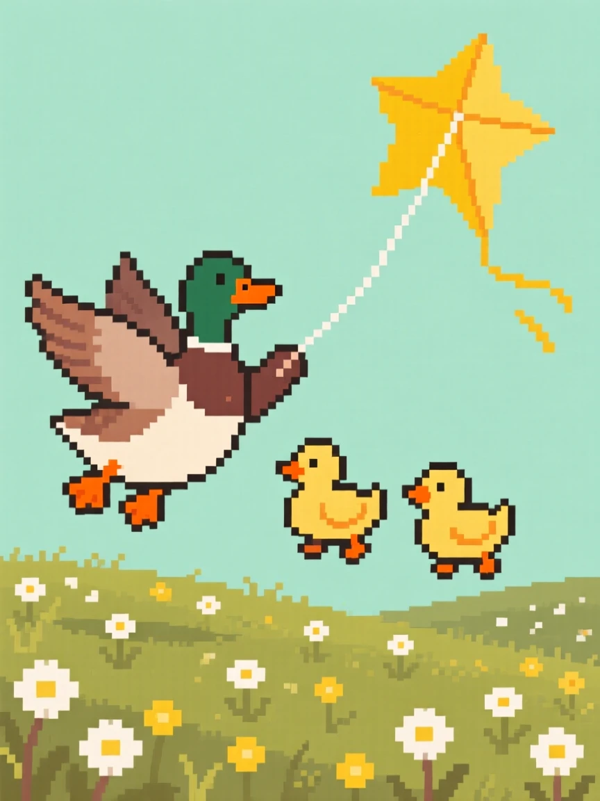 A mother duck and her ducklings flying a kite shaped like a star, in a meadow full of dandelions.