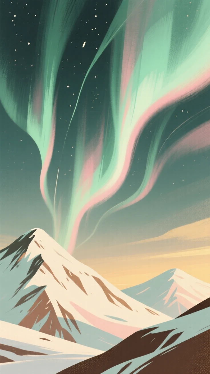 A night sky scene with the Northern Lights dancing above snowy peaks