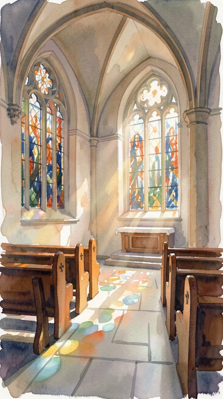 A quiet chapel with light streaming through stained glass.