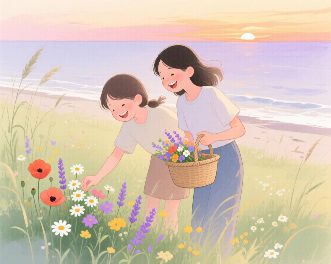 A pair of best friends picks wildflowers in a meadow on a quiet beach at sunset, laughter and joy filling the warm afternoon air