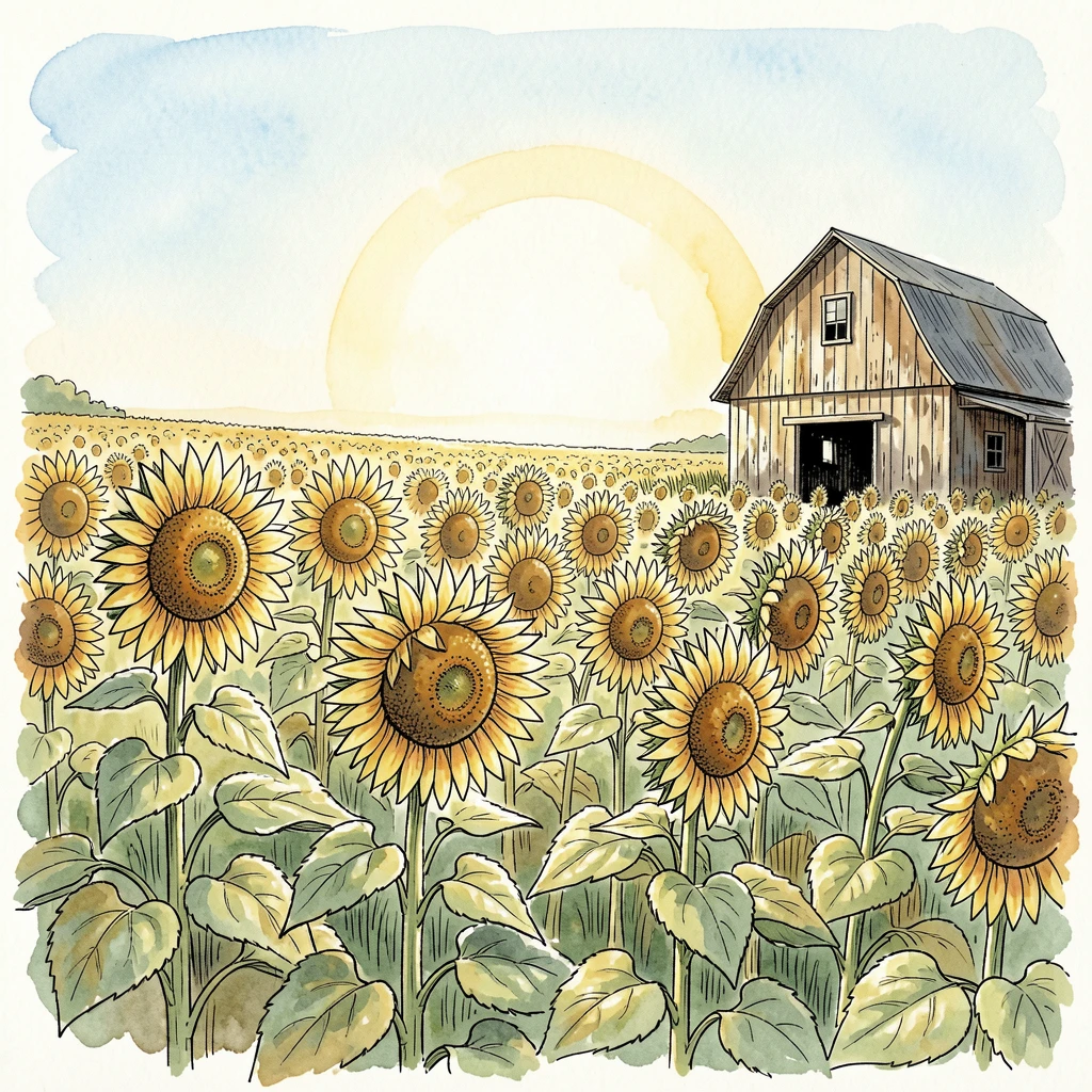 A vast sunflower field turning toward the afternoon sun, a weathered barn visible at the far edge