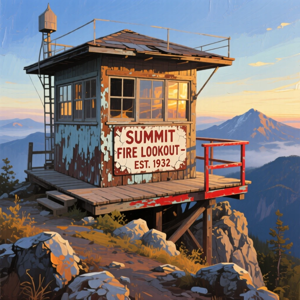 a weathered fire lookout on a remote summit, at first light, from an inviting eye-level viewpoint.