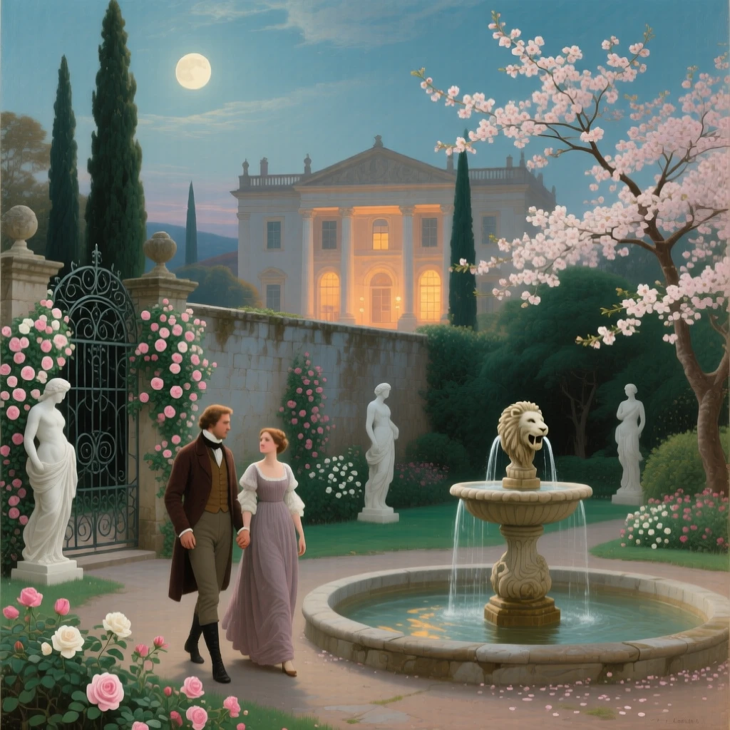 During spring bloom, Two lovers in a moonlit walled garden, walking hand in hand beside a fountain, surrounded by climbing roses, marble statues, and a palace glowing beyond the cypress trees; flowering branches sweep across one side of the composition, the scene celebrates renewal and tenderness.