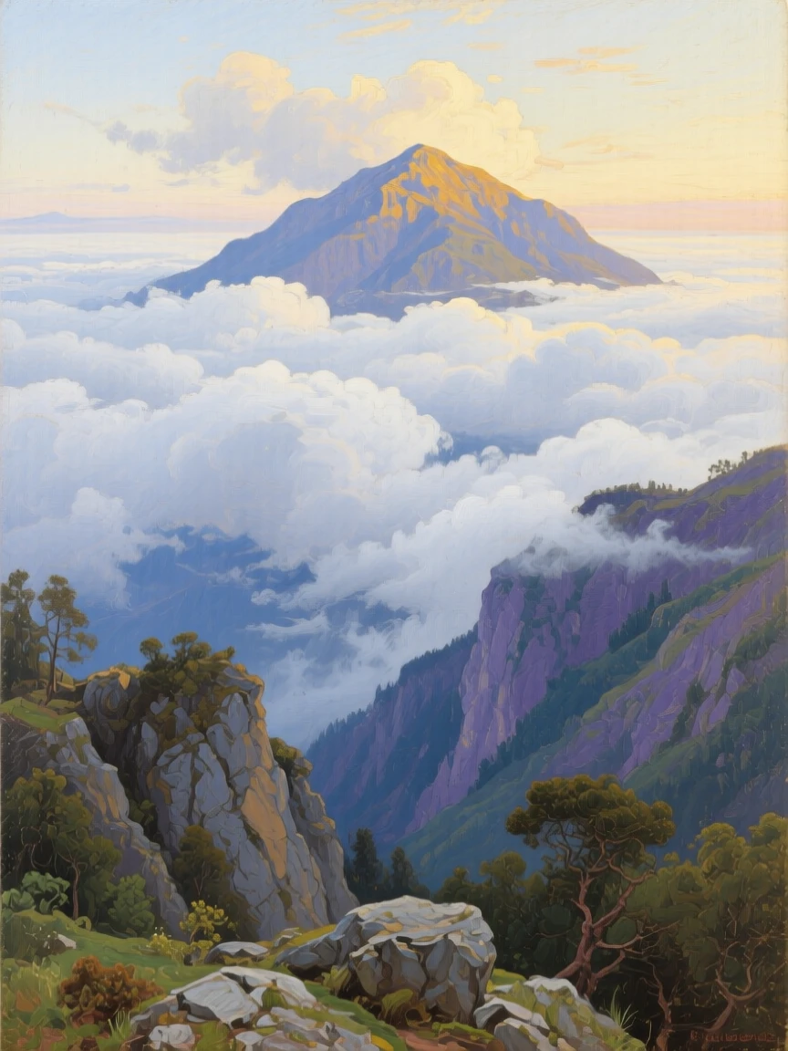 A sea of clouds rolling over a mountain summit at first light, with morning mist clinging to the surrounding valleys, radiating tranquility and the timeless beauty of the natural world