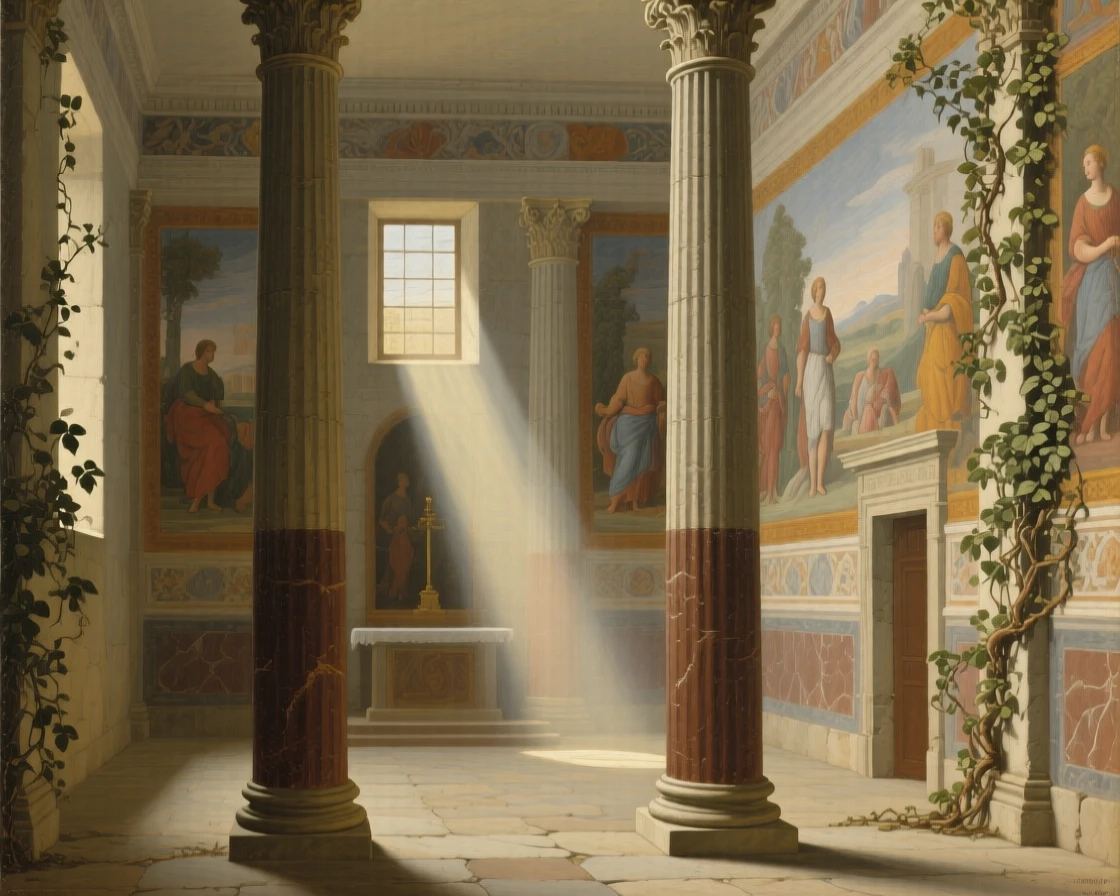 A private chapel with frescoed walls and a single beam of light awaiting the arrival of guests soon to fill its halls, set inside a grand academy of art and learning, with climbing ivy softening the edges of ancient stonework; strong vertical lines of columns lead the eye upward toward the light, evoking timeless grandeur and quiet reverence.