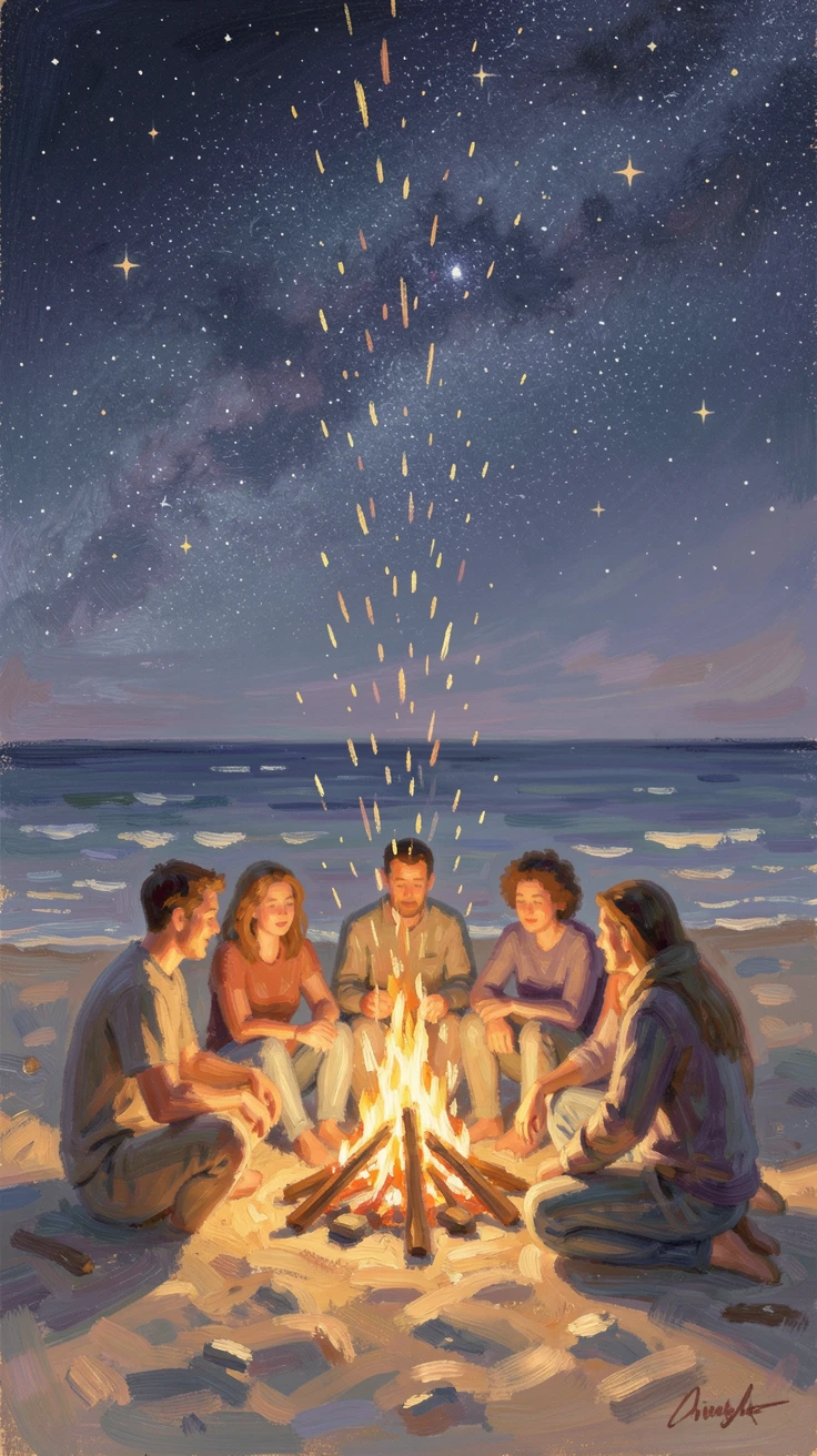 A group of friends gathered around a bonfire on a beach at night, sparks rising into the starry sky.