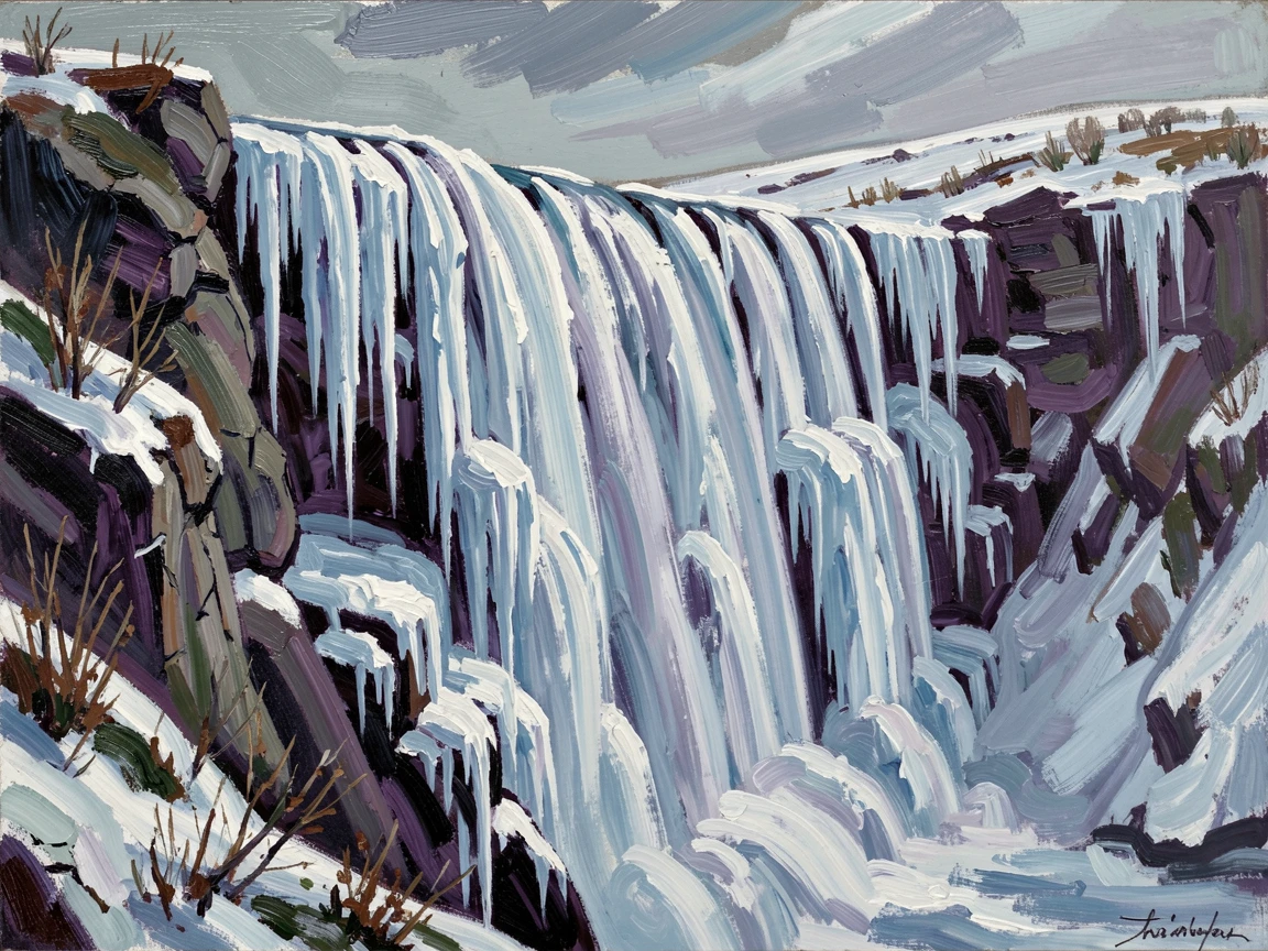A frozen waterfall hanging in icy stillness on a cliff face during deep winter.