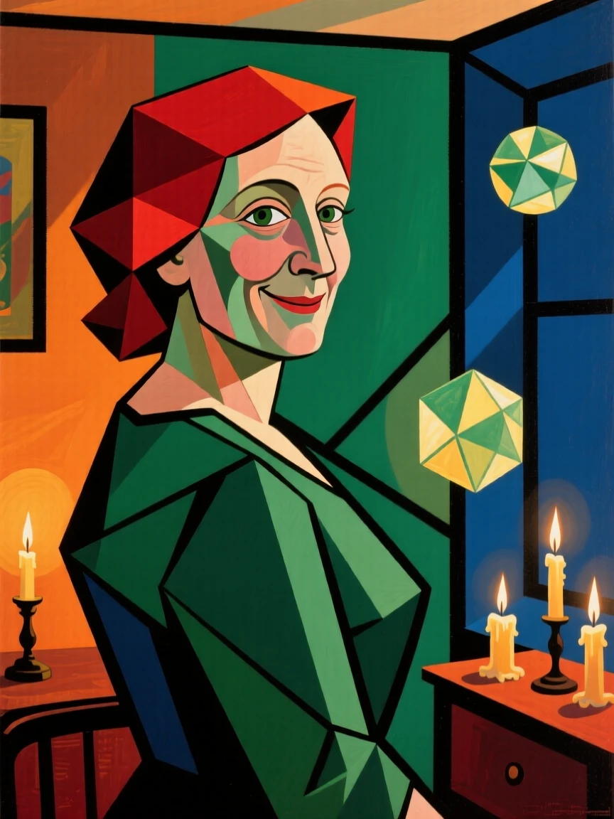A medium shot of a middle-aged woman of Irish heritage looking back over their shoulder with a soft smile, inside a cozy candlelit room.