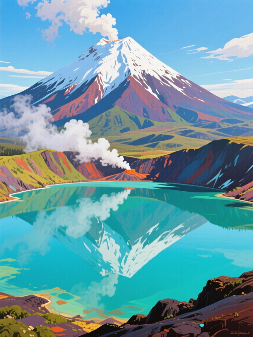 A snow-capped volcano reflected perfectly in a turquoise crater lake, wisps of steam rising from a distant vent