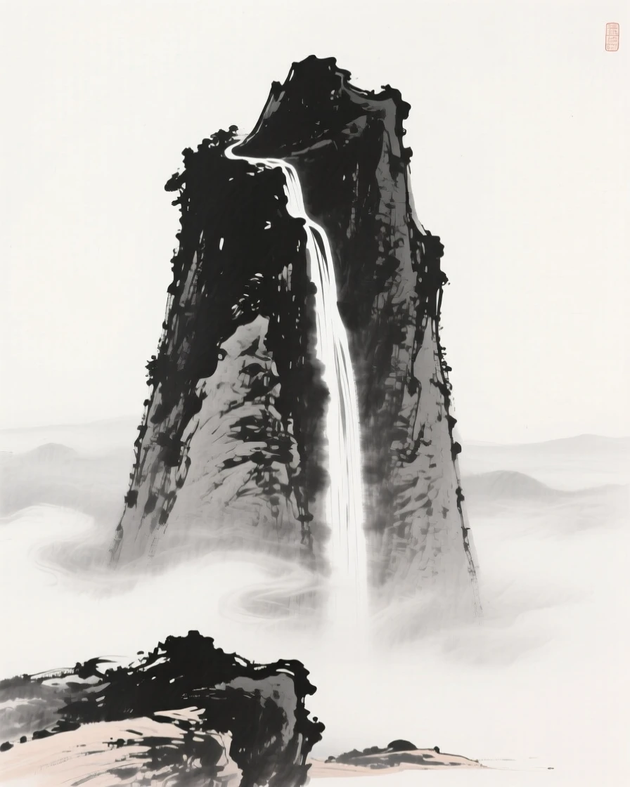 a jagged limestone peak, wreathed in low-lying mist, with a waterfall cascading down its face.