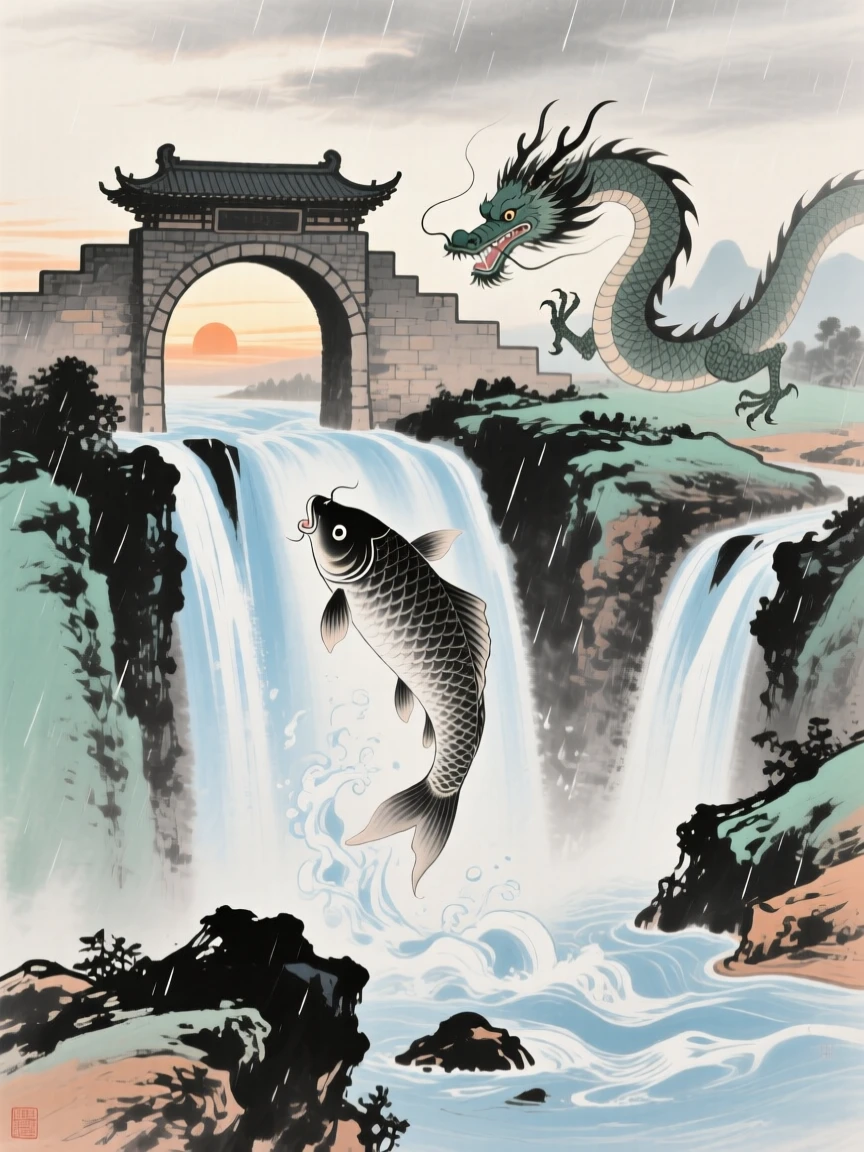 A legendary carp leaping through a waterfall gate to become a dragon, in the quiet hour before sunrise, suffused with quiet joy, beneath a sky washed clean by rain.