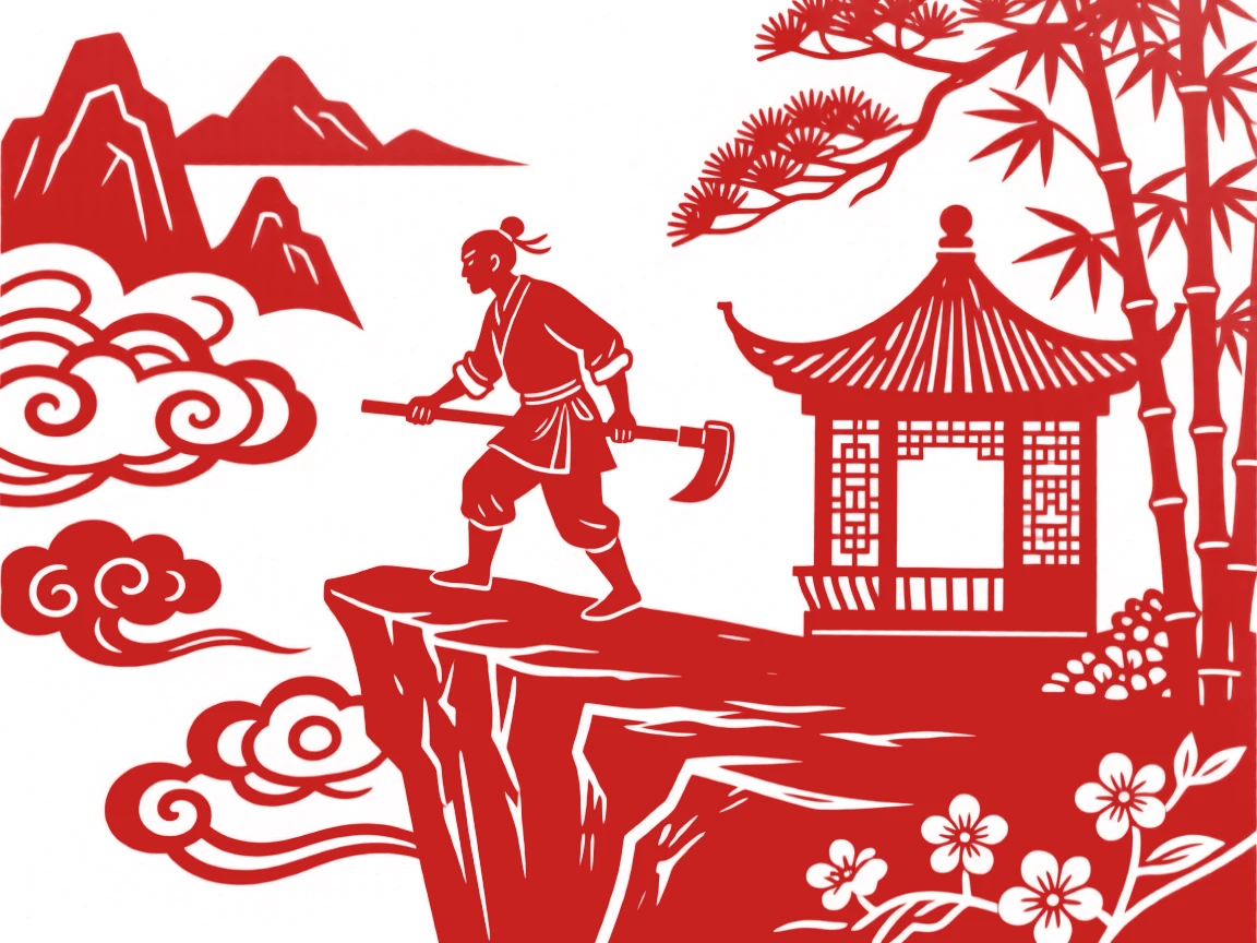 A composition of a woodcutter along a cliffside path above the clouds, a small pavilion just visible through the trees.