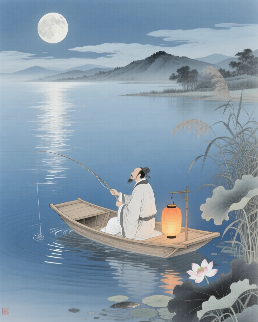 A moonlit lake with a single lantern boat, a single fisherman casting a line from a small boat