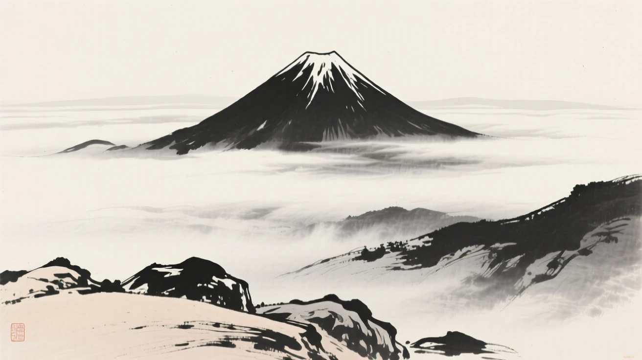 A solitary mountain peak piercing through a sea of clouds as thin mist rolls slowly through the lower valley, framed low, with the foreground rocks leading the eye toward the distance, conveying calm reflection and gentle isolation.