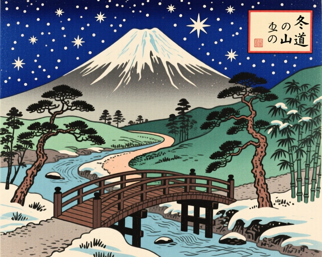 A snow-capped peak, with a narrow trail crossing a wooden bridge, beneath a star-filled sky.