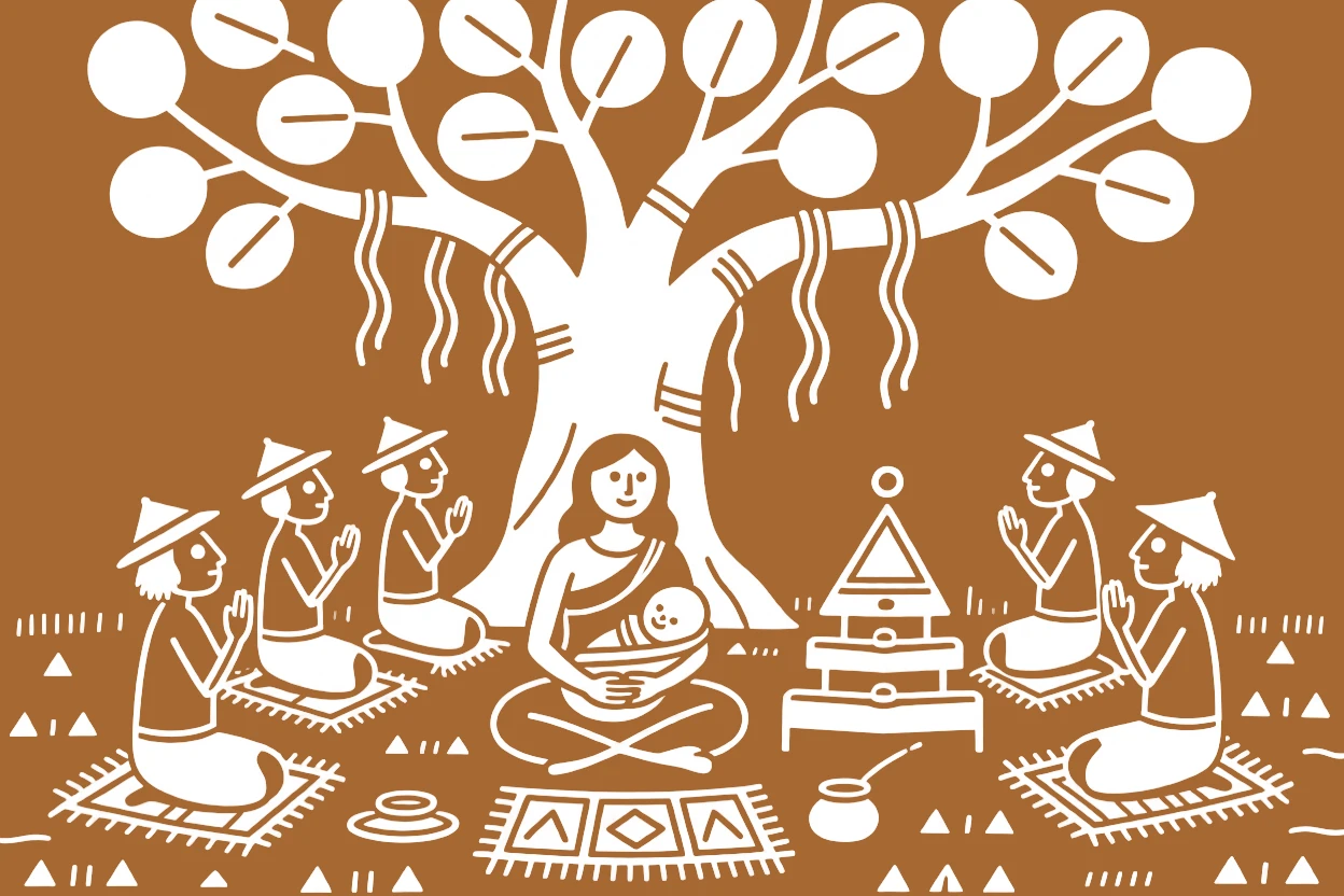 A group of village elders gathering to bless a newborn beneath a large banyan tree.